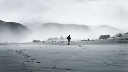 A man walking on Wharariki beach in the strong sand storm. South Island, New Zealand