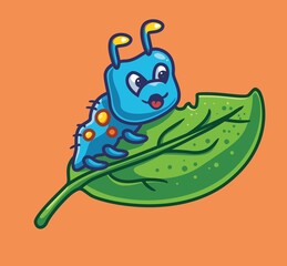 cute caterpillar eating leaf. isolated cartoon animal nature illustration. Flat Style suitable for Sticker Icon Design Premium Logo vector. Mascot Character