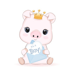 Cute Little Pig and Heart in Letter, cartoon illustration