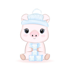 Cute Little Pig and baby blocks cartoon illustration