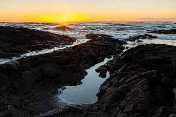 Sunrise on Tide Pools and Pahoehoe Lava On Punalu'u Beach, Hawaii Island, Hawaii, USA
