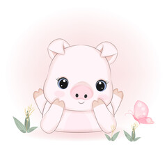 Cute Little Pig and Butterfly, cartoon illustration