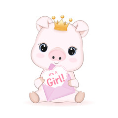 Cute Little Pig and Heart in Letter, cartoon illustration