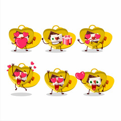 Yellow love open gift box cartoon character with love cute emoticon