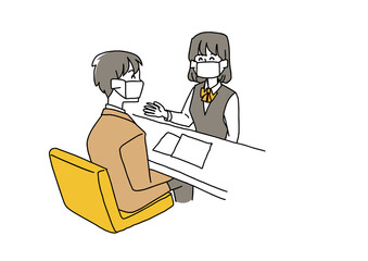 マスクで会話する受付の女性　コミカルな手書きの人物　ベクター、線画にシンプルな色つけ　