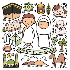 Set of Hand Drawn Cartoon Eid Al Adha Doodle, Idul Adha Vector Clip Art