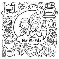 Set of Hand Drawn Cartoon Eid Al Fitr Doodle, Idul Fitri Vector Clip Art