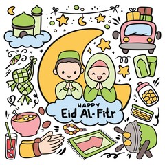 Set of Hand Drawn Cartoon Eid Al Fitr Doodle, Idul Fitri Vector Clip Art