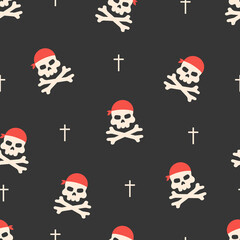 Seamless pattern with pirate skull on dark background. Childish vector illustration in flat cartoon style. Hand drawn fabric design or package paper.