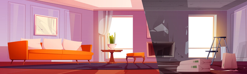 House living room under renovation and after repair. Vector cartoon illustration of empty home room interior with ladder and construction materials and clean lounge with new design, sofa and carpet