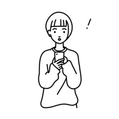 Fototapeta premium 立ってスマートフォンを操作して何かに気づいて驚いたリモートワークの女性