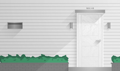 Entrance vintage house. Frontside residence white wood door wall, metal lamp mailbox with plant gate. White architecture elevation with shadow.