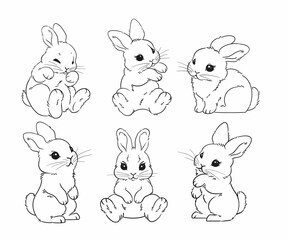 Set of cute rabbits hand drawn in one line, vector graphics, cute hare, spring symbol, sleep sitting cartoon character, easter holiday, printable coloring book.