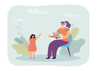 Mother feeding daughter with fruits flat vector illustration. Happy kid eating healthy and eco natural products. Healthy lifestyle, parenthood concept for banner, website design or landing web page