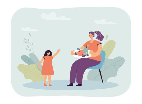 Mother Feeding Daughter With Fruits Flat Vector Illustration. Happy Kid Eating Healthy And Eco Natural Products. Healthy Lifestyle, Parenthood Concept For Banner, Website Design Or Landing Web Page