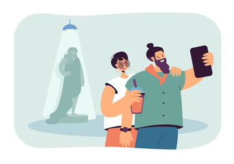 Cheater taking selfie with girlfriend flat vector illustration. Couple taking photo and unrecognizable woman standing in background. Betrayal concept for banner, website design or landing web page