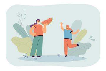 Mother giving slice of watermelon to her daughter. Happy girl enjoying her favorite sweet fruit flat vector illustration. Food, parenthood concept for banner, website design or landing web page