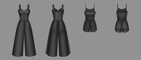 Set of women jumpsuit 3d vector overalls blank mockup. Black female apparel with shorts or trousers and short sleeveless top realistic template. Girls clothes, summer garment, nightwear design mock up