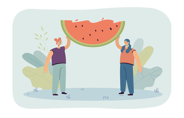 Tiny girls holding slice of watermelon flat vector illustration. Young people eating eco natural fruits, taking care of health. Healthy lifestyle concept for banner, website design or landing web page