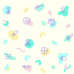 Vector illustration of a cute weapon and Military. Collection of decorative combat, gun, revolver, bullet, bomb, toxic, aim, knife, missile elements. Isolated on beige. Beautiful surface pattern.
