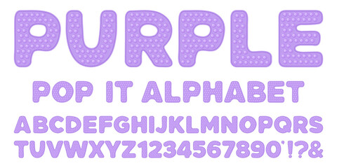 Pastel purple popit alphabet and numbers set in fidget toy style. Pop it font design as a trendy silicone toy for fidget in delicate color. Bubble sensory letter as popit. Isolated cartoon vector - obrazy, fototapety, plakaty