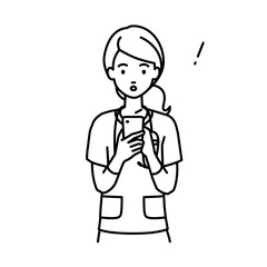 立ってスマートフォンを操作して何かに気づいて驚いた看護師の女性