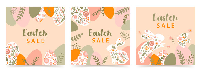 Set sale template with a silhouette of Easter eggs, rabbit and flowers in flat style. Illustration spring hare and eggs in pastel colors and space for your text. Vector