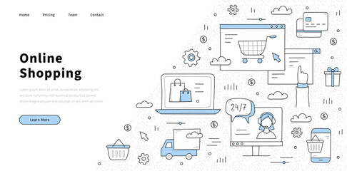 Online shopping doodle landing page. Internet sale in shop via digital platforms, computer and mobile phone. Customer support, delivery shipping services for clients orders, Line art vector web banner
