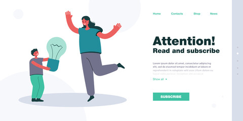Son giving idea to mother. Little boy holding lightbulb for happy female character flat vector illustration. Inspiration, teamwork, communication concept for banner, website design or landing web page