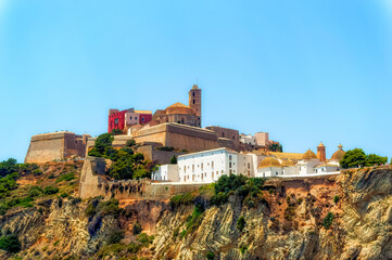 A view from the sea side to the Ibiza Old Town with Cathedral of Santa Maria d`Eivissa at the top...