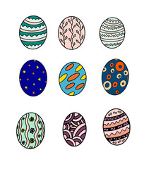 Set of easter eggs, doodle style. Happy easter, hand drawn multicolored eggs.