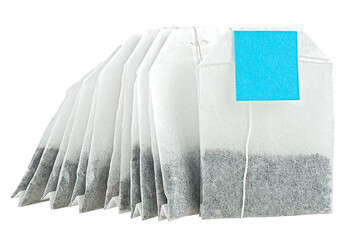 Close-up of tea bags isolated on a white background. Packages with black tea.