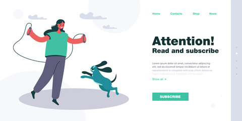 Girl jumping rope with dog in summer city park. Female pet owner and animal playing together flat vector illustration. Outdoor sport activity concept for banner, website design or landing web page