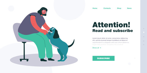 Female cartoon character sitting on chair and petting cute dog. Girl playing with domestic animal flat vector illustration. Pets, love, care concept for banner, website design or landing web page
