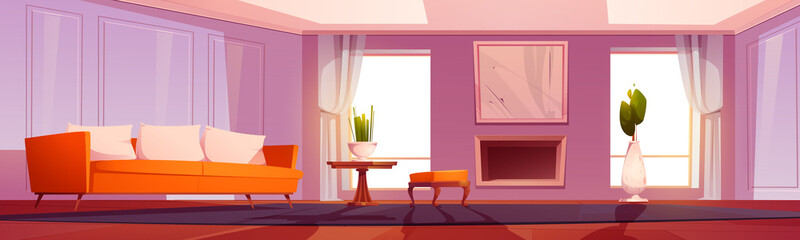 Modern living room with sofa, fireplace, plants and windows. Vector cartoon interior of empty lounge with couch, pouf, wooden table, mirror on wall, curtains and carpet