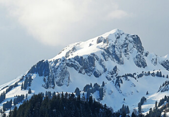 Snow-capped alpine peak L&uuml;tispitz (Luetispitz or Lutispitz, 1986 m) in Alpstein mountain range and in Appenzell Alps massif, Unterwasser - Canton of St. Gallen, Switzerland (Schweiz)