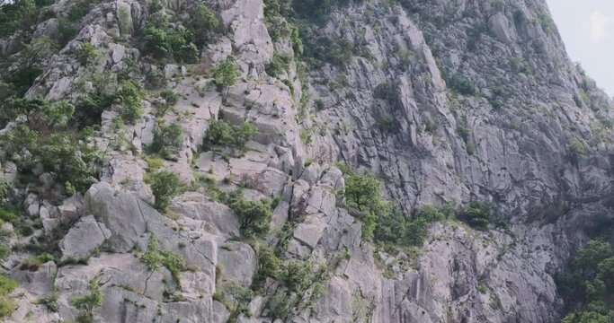 Mountain gray rocks covered green bushes in summer on sunny day. Travel through Albania mountains. Beautiful view of stone mountains. Flying around Rocky, strong mountains rise. Balkan Peninsula