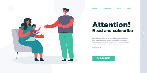 Son sitting on mothers knees, reaching out with hands to dad. Young parents spending time with their little kid flat vector illustration. Parenthood, togetherness, family concept