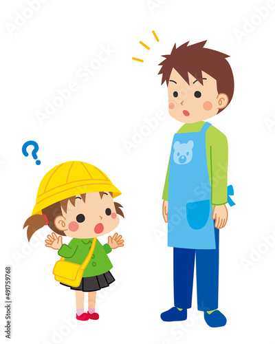 男性保育士に質問をしている幼稚園児の女の子のイラスト 可愛い 人物 全身 白背景 30s Wall Mural 3 ぽこたぽこ