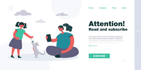 Mother filming daughter playing with cat. Woman holding phone and recording video of girl with animal flat vector illustration. Family, pets concept for banner, website design or landing web page