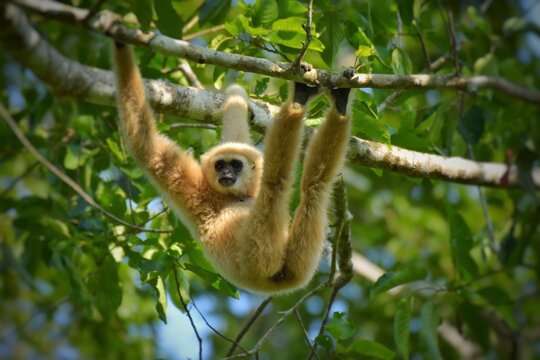White-handed gibbon or Gibbons on trees, gibbon hanging from the tree branch. Animal in the wild, Khao Yai National Park, Thailand.