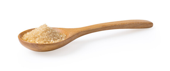Sugar in wood spoon isolated on white