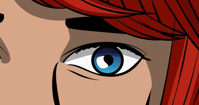 Shop text in female eye. Close-up cartoon animation. Comic Book style 4k stock video.