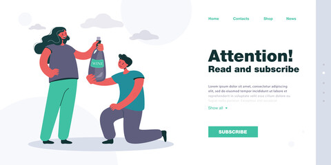 Happy couple holding bottle of wine together. Male character on knee offering alcohol to girl flat vector illustration. Weekend party, date concept for banner, website design or landing web page