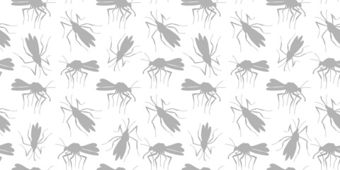 Vector seamless pattern of grey mosquitoes, moths, midges in flat style. Simple light background, texture with insects, bloodsuckers, pests