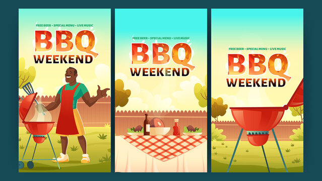 BBQ weekend banners with man cooks meat on grill. Vector posters of barbecue party with cartoon illustration of picnic with barbeque and table with food on summer lawn in park or backyard