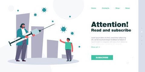 Tiny female doctor holding huge syringe with vaccine. Boy putting his hand in front of him to protest coronavirus vaccination flat vector illustration. Covid, pandemic, prevention concept
