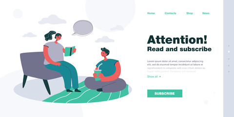 Cartoon mother sitting on sofa and reading book to son. Boy sitting on floor and listening to woman flat vector illustration. Family, parenting concept for banner, website design or landing web page