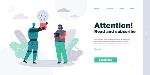 Robot standing with girl and holding light bulb. Cyborg generating creative ideas flat vector illustration. Artificial intelligence, cooperation concept for banner, website design or landing web page