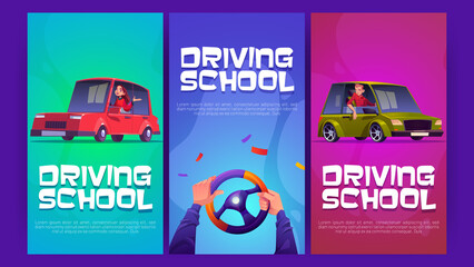 Driving school cartoon posters with driver hands on car steering wheel. Man and woman sitting in automobiles. Auto lessons for license, educational courses advertisement, Vector illustration flyers